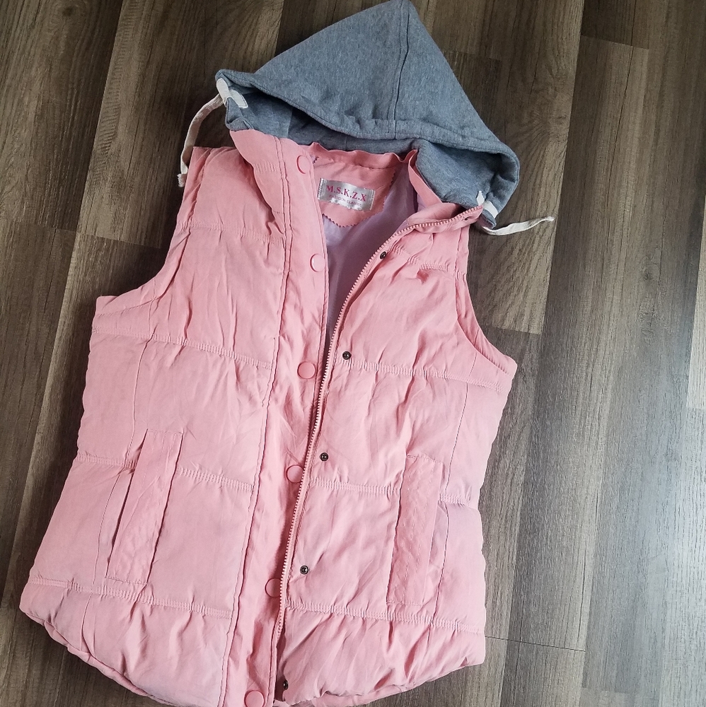 Pink puffer vest with hood